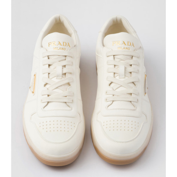 Prada Downtown Ivory Nappa Leather Gold Logo Flat Low Top Trainer Sneaker 41 - Picture 10 of 16